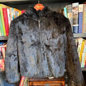1990s Vintage Niki Black Dyed Rabbit Fur Zip Up Jacket Coat Satin Lined Size Sma
